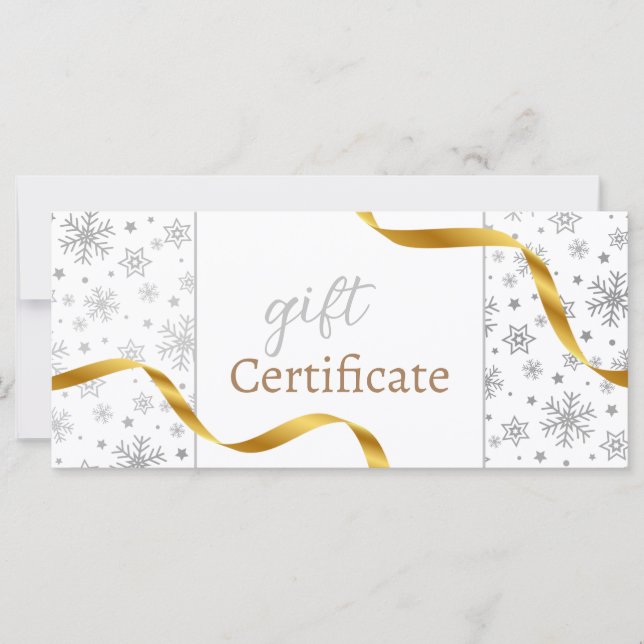 Modern Silver Snowflakes Gold Ribbon Gift Card (Front)