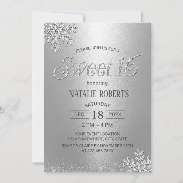 Modern Silver Snowflakes Winter Sweet 16 Birthday Invitation (Front)