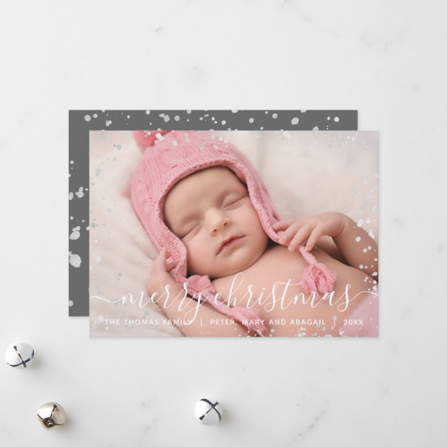 Modern Silver Splash Merry Christmas Photo Card (Front/Back In Situ)