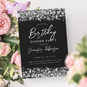 Modern Silver String Lights Birthday Dinner Party  Invitation