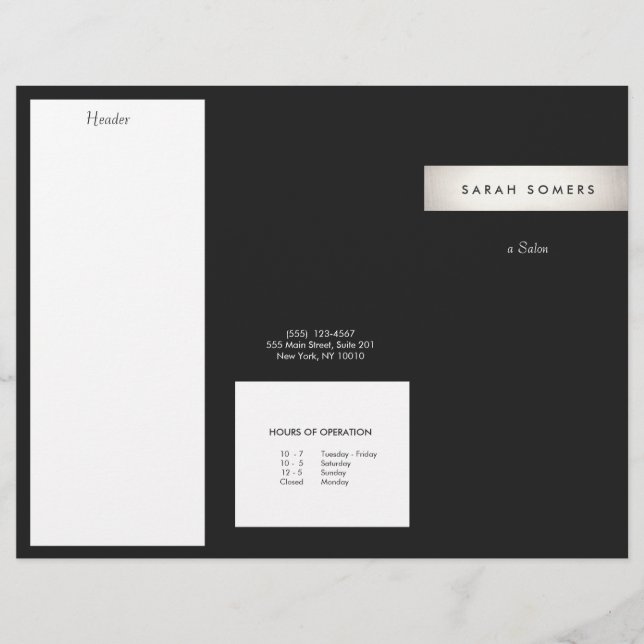 Modern Silver Stripe Black Salon Trifold Brochure (Front)