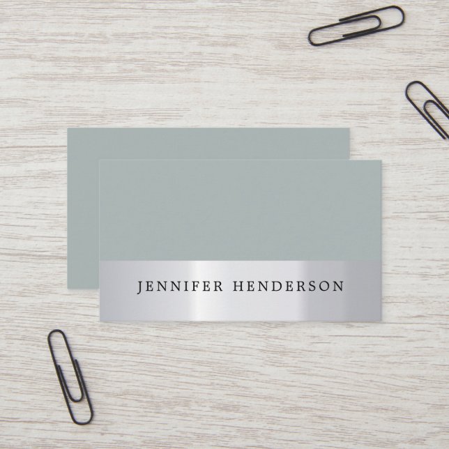 Modern silver striped dusty blue professional business card (Front/Back In Situ)