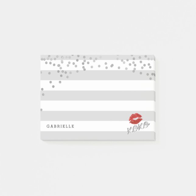 Modern, Silver, Stripes and Kisses Post-it Notes (Front)