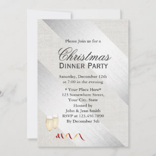 Modern Silver Stripes Classy Linen Christmas Party Invitation