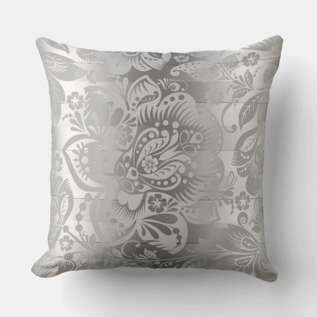 Modern Silver Stripes & Damask Pattern Cushion (Front)