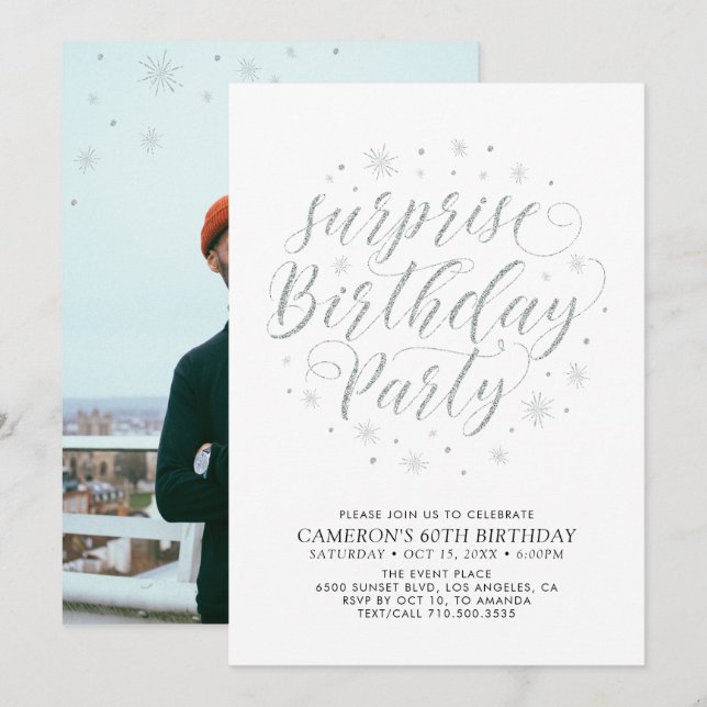 Modern Silver Surprise Photo Adult Birthday Party Invitation (Front/Back)