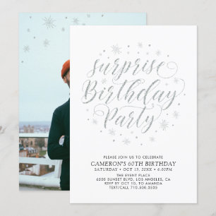 Modern Silver Surprise Photo Adult Birthday Party Invitation