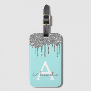 Modern Silver Teal Blue Glitter Sparkle Monogram Luggage Tag