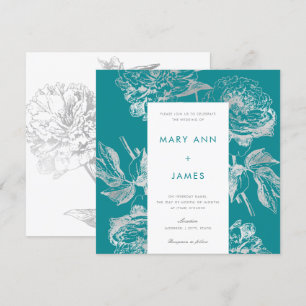 Modern Silver Teal Wedding Simple Floral Invitation