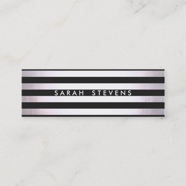 Modern Silver Thin Black Striped Salon and Spa 2 Mini Business Card (Front)