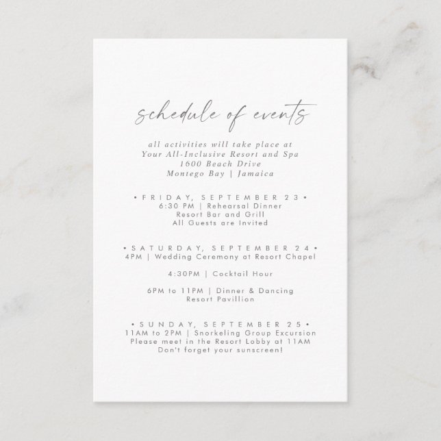 Modern Silver Wedding Weekend Schedule of Events Enclosure Card (Front)