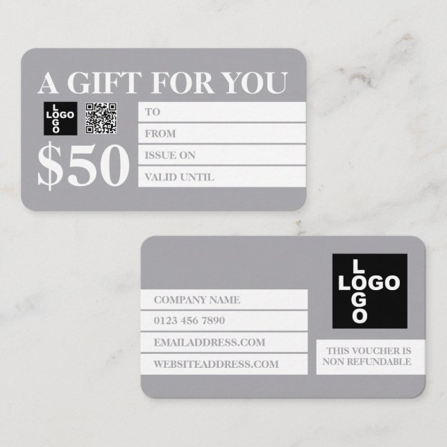 Modern Silver & White Gift Certificate Cards (Front/Back)