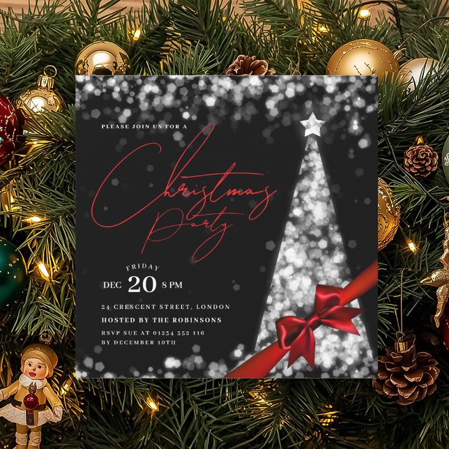 MODERN Silver Winter Christmas Tree Bow Party  Invitation (MODERN Silver Winter Christmas Tree Bow Party Invitation)