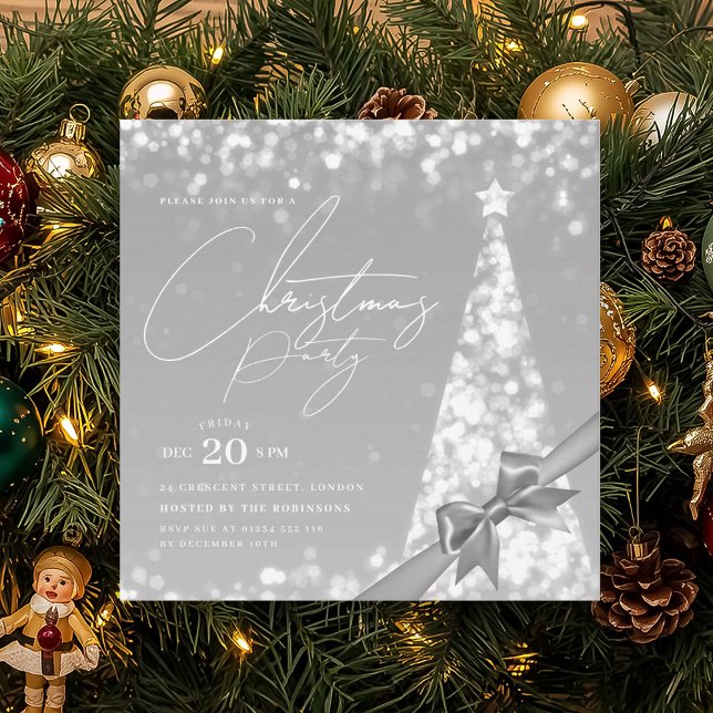 MODERN Silver Winter Christmas Tree Bow Party  Invitation (MODERN Silver Winter Christmas Tree Bow Party Invitation)
