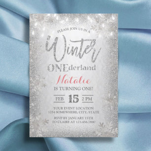 Modern Silver Winter ONEderland 1st Birthday Party Invitation