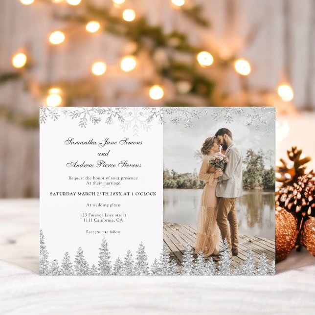 Modern silver winter snow script 1 photo wedding invitation (Modern silver winter snow script 1 photo wedding invitation)