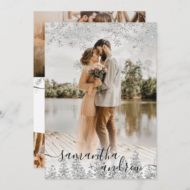 Modern silver winter snow script 5 photos wedding invitation (Front/Back)