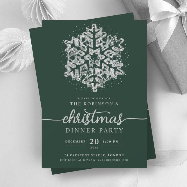Modern Silver Winter Snowflake Christmas Green Invitation (Modern Silver Winter Snowflake Christmas Green Invitation)
