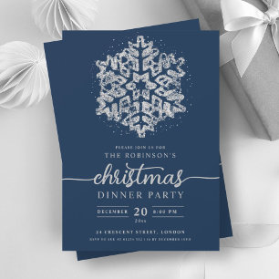 Modern Silver Winter Snowflake Christmas Navy  Invitation