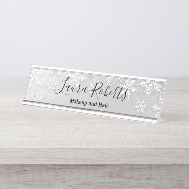 Modern Silver Winter Snowflakes Desk Name Plate (Front)