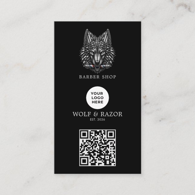 Modern Silver Wolf Barber Shop Logo Qr Code Business Card (Front)