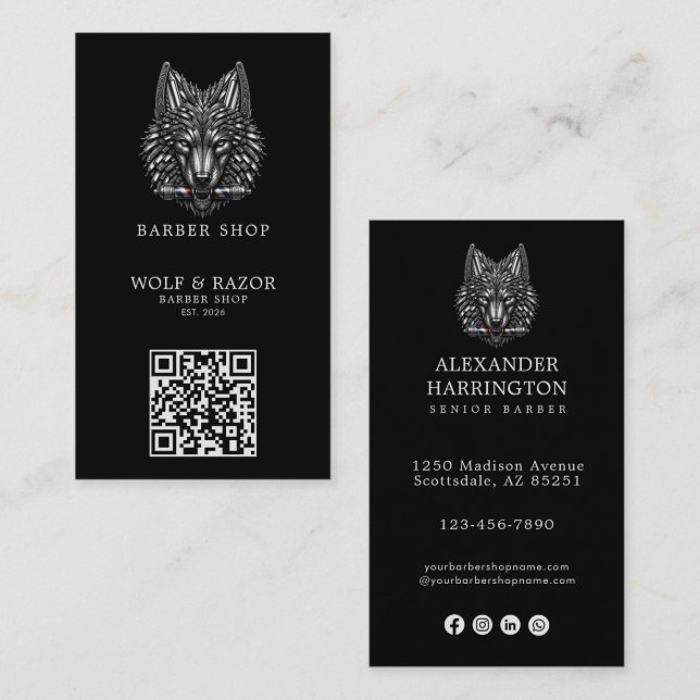 Modern Silver Wolf Barber Shop Logo Qr Code Business Card (Front/Back)