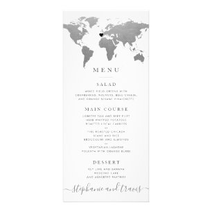 Modern Silver World Map Heart Menu Card