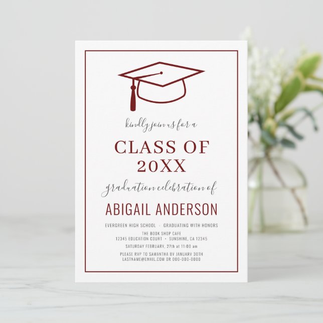 Modern Simple 2023 Graduation Photo Burgundy   Invitation (Standing Front)
