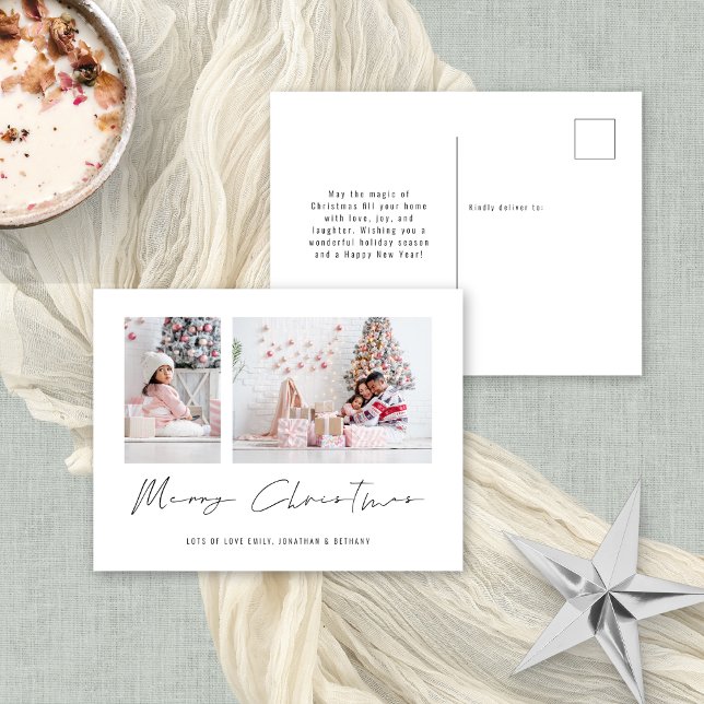 Modern Simple 2 Photos Merry Christmas Holiday Postcard (Frotn and back view of holiday postcard)