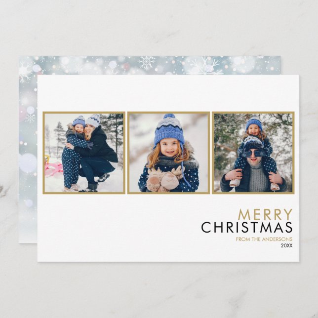 Modern Simple 3 Photo Collage Family Christmas Holiday Card (Front/Back)