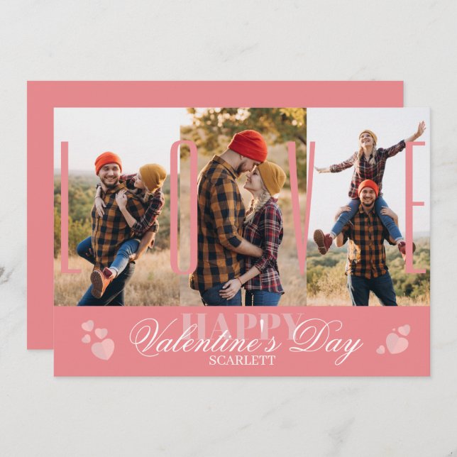 Modern Simple 3 Photo Collage Pink Valentine’s Day Holiday Card (Front/Back)