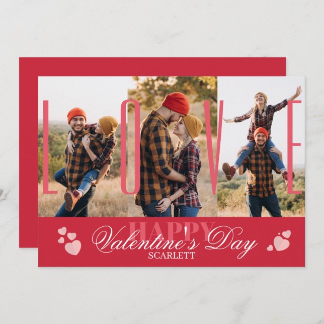 Modern Simple 3 Photo Collage Red Valentine’s Day Holiday Card (Front/Back)