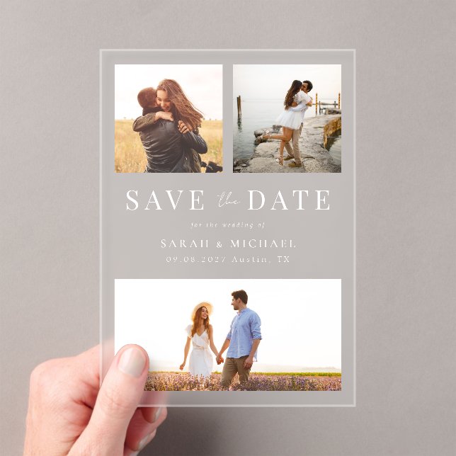 Modern Simple 3 Photo Collage Wedding Acrylic Invitations (Insitu (Handheld))