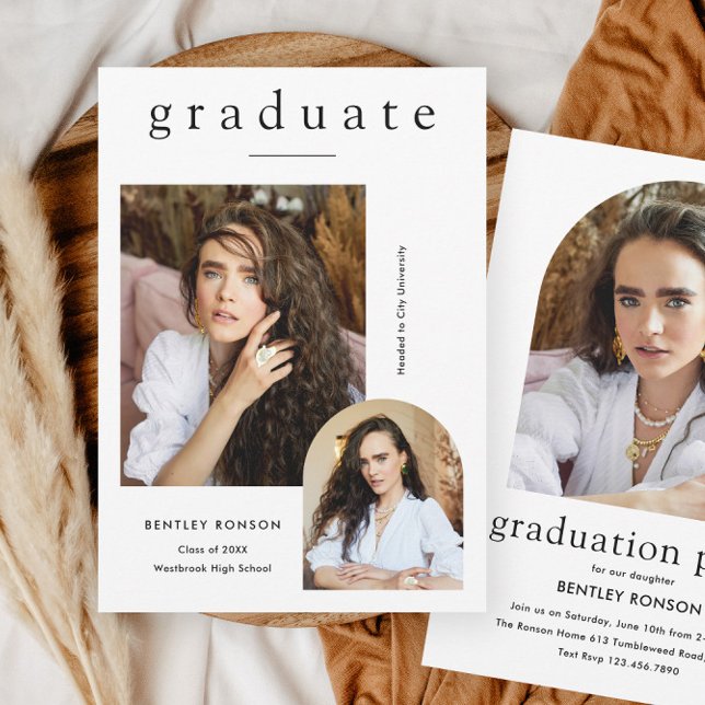 Modern Simple 3 Photo Graduation  Invitation (Modern minimal 3 photo graduation invitations with arch photos.)