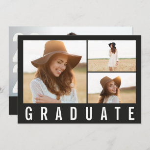 Modern simple 3 photo graduation simple black chic announcement
