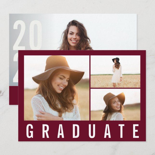 Modern simple 3 photo graduation simple burgundy announcement (Front/Back)