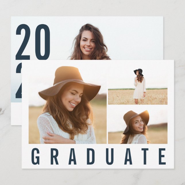 Modern simple 3 photo graduation simple navy blue announcement (Front/Back)