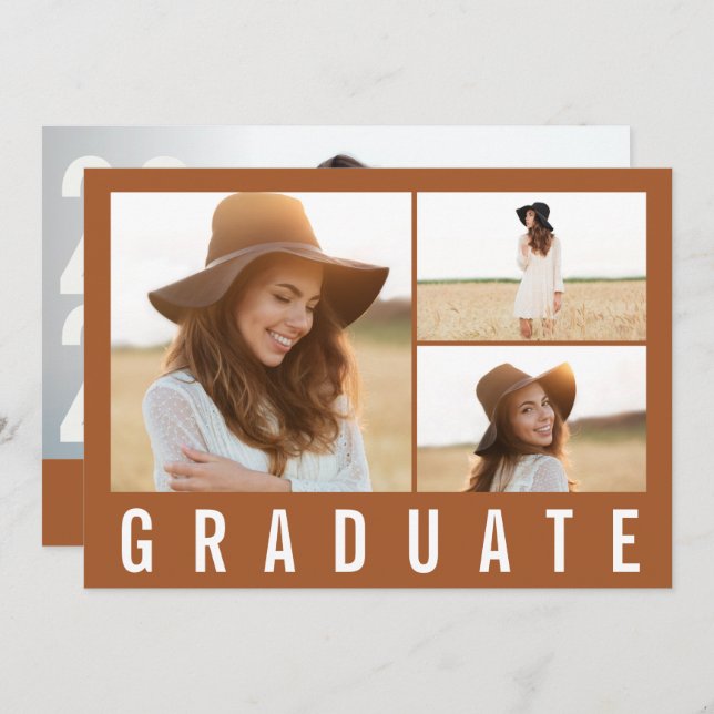 Modern simple 3 photo graduation simple terracotta announcement (Front/Back)