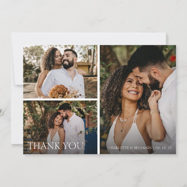 Modern Simple 3 Photo Script Wedding Thank You Card (Front)
