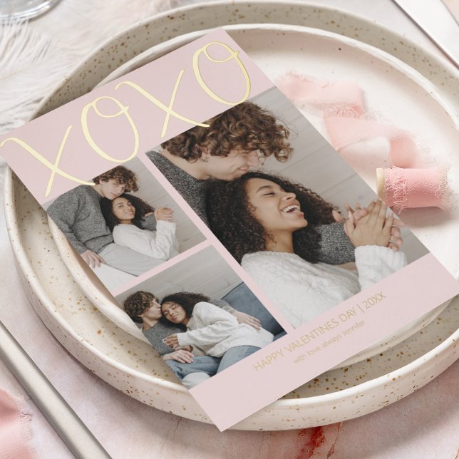 Modern Simple 3 Photo Valentines Day Foil Holiday Card (Creator Uploaded)
