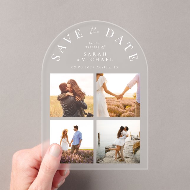 Modern Simple 4 Photo Arch Save the Date Acrylic Invitations (Insitu (Handheld))