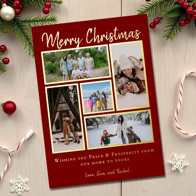 Modern Simple 5 photo Family Collage Christmas Foil Holiday Card (Creator Uploaded)