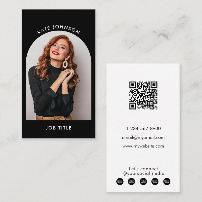 Modern Simple Arch Photo Black White QR Code Business Card (Front/Back)
