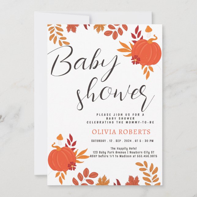 modern simple autumn Pumpkin leaves Baby Shower Invitation (Front)