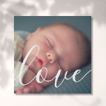 Modern Simple Baby Photo Script Love Faux Canvas Print<br><div class="desc">Personalise with your favourite baby photo,  featuring a beautiful white script font of the word love,  creating a unique memory.  Perfect for your special little one's nursery or for a room in your home that everyone can enjoy. A beautiful keepsake to treasure! Designed by Thisisnotme©</div>