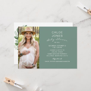 Modern Simple Baby Shower by Mail Photo Sage Invitation