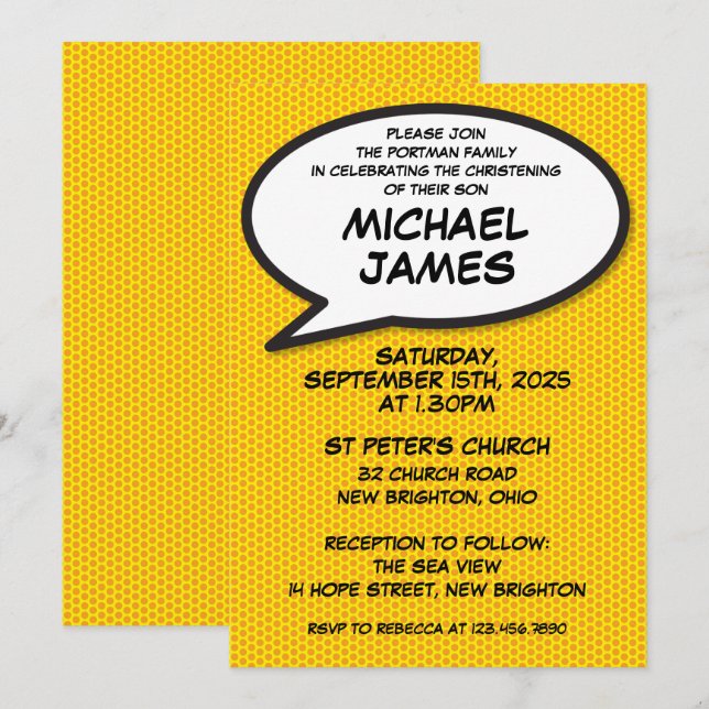 Modern Simple Baptism Christening Fun Comic Invitation (Front/Back)