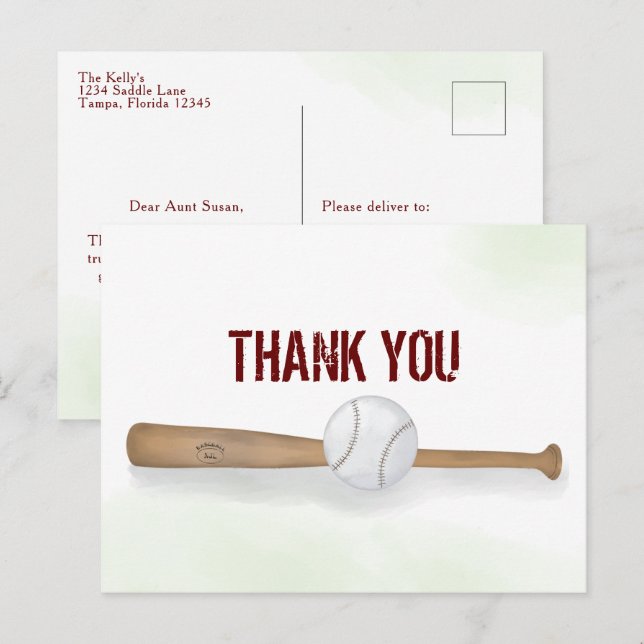 Modern Simple Baseball Thank You Watercolor Postcard (Front/Back)