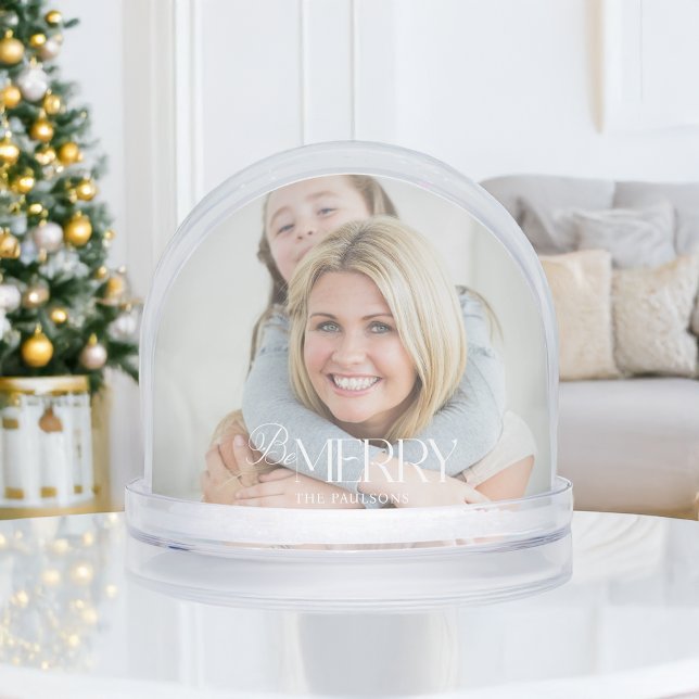 Modern Simple Be Merry Typography 1 Photo Snowglobe (Creator Uploaded)
