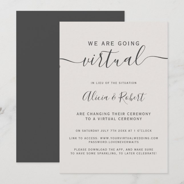 Modern simple beige grey font virtual wedding invitation (Front/Back)